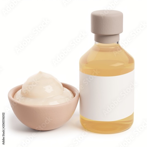 Creamy moisturizer in a bowl with a bottle of oil, ideal for skincare product marketing, featuring minimalistic design for beauty and wellness promotion