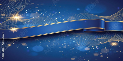 Luxury blue ribbon banner with gold edges on glittering bokeh background featuring elegant flowing lines and star sparkles.