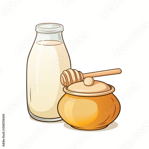Glass bottle of fresh milk beside honey jar with wooden honey dipper, natural ingredients for sweet recipes or healthy breakfast options at home