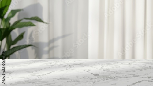 Minimalistic marble surface accompanied by a lightly blurred curtain background ideal for product shots