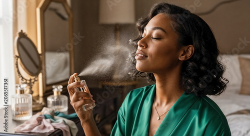 African American woman spraying perfume, mist on skin in bedroom. Her routine involves application, African American woman spraying perfume from bottle at vanity.