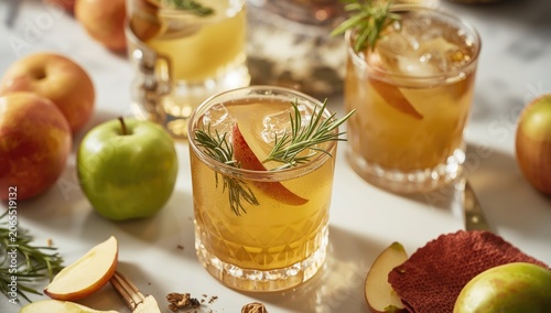 Apple cocktails with fresh herbs and garnishes