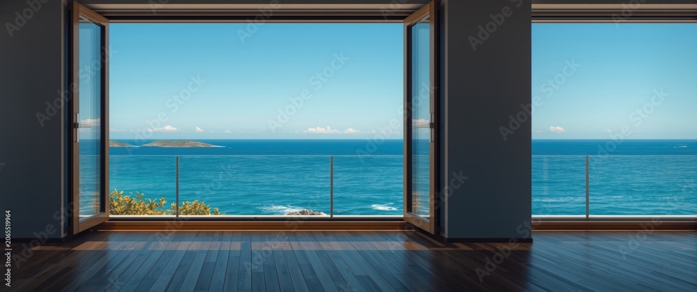 Fototapeta premium Ocean view from a modern interior with large windows