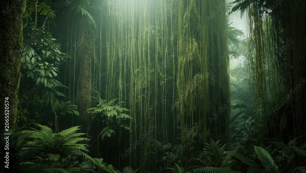 Obraz premium Vertical greenery display of tropical forest with trailing epiphytes and mossy fern fronds in misty wet season environment