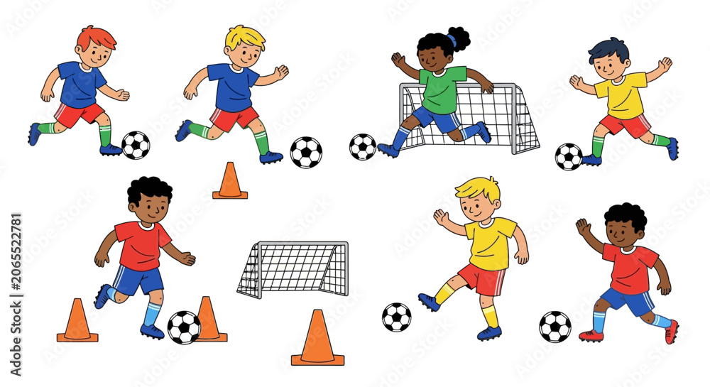 Fototapeta premium Children Playing Soccer with Cones.