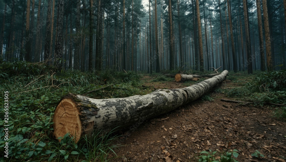 Fototapeta premium Fallen tree trunk on forest floor in misty woods