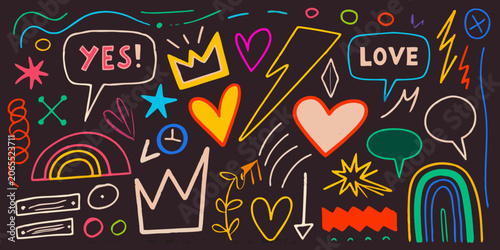 Slika na platnu Doodle assortment with hearts stars and speech bubbles vector illustration
