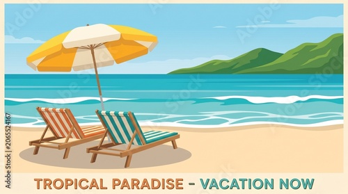Tropical vacation travel concept, two empty beach chairs under a sun umbrella on a sandy shore with ocean view, summer leisure and holiday relaxation