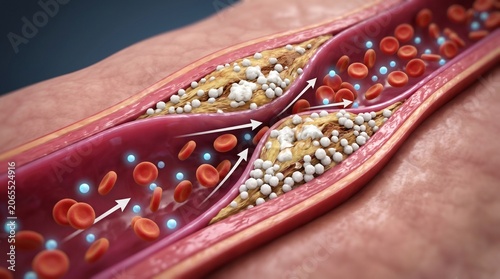 Atherosclerosis and cardiovascular health, 3D medical illustration of plaque buildup and blood flow obstruction inside a human artery, healthcare and disease prevention concept