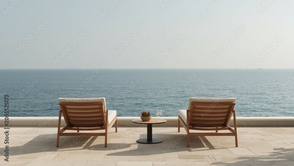Fototapeta premium Lounge chairs facing the ocean on a sunny day