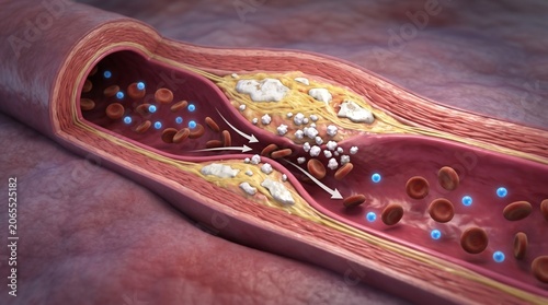 Atherosclerosis and cardiovascular health, a cross-section of an artery showing plaque buildup restricting blood flow, medical visualization of circulatory system disease