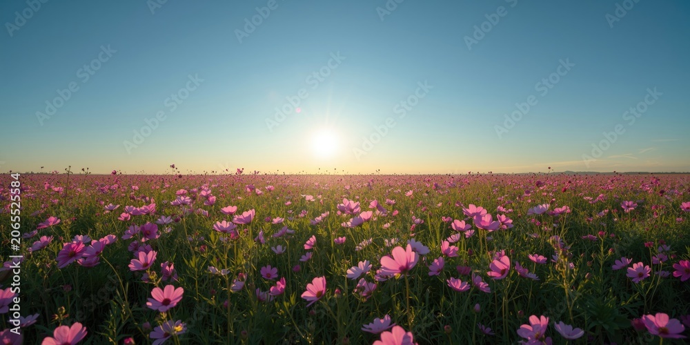Obraz premium Field of pink flowers under a clear sky at sunset