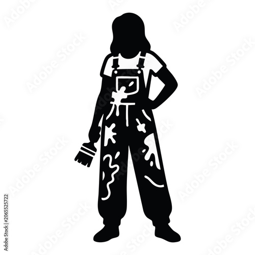 Female painter holding brush in messy overalls. Home renovation and decorating concept. Black and white vector illustration isolated on transparent background