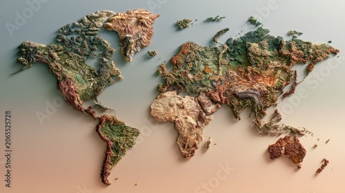 Textured 3D relief map of the world, showing continents and oceans