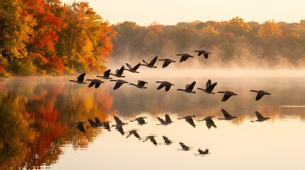 Geese Flying Over Lake With Autumnal Trees Scenic Photography