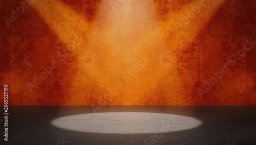 Spotlight focused on empty studio with orange abstract textured backdrop perfect for product displays