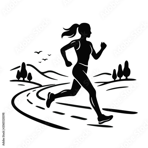 Woman running on countryside road silhouette. Black and white vector illustration. Outdoor fitness and nature design element isolated on transparent background