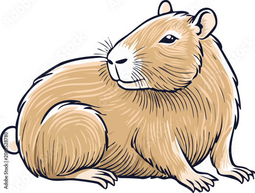 A capybara illustration, a large rodent known for its docile nature and semi-aquatic lifestyle, rendered in a detailed drawing style. The capybara is depicted sitting.