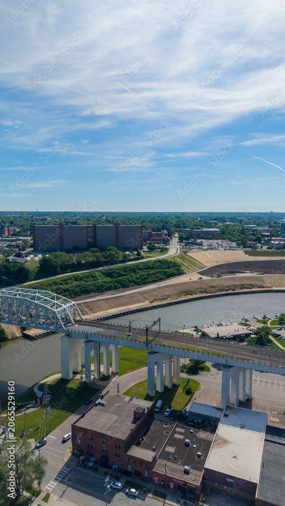 Fototapeta premium Aerial shot of office buildings, apartments and homes in downtown Cleveland Ohio USA