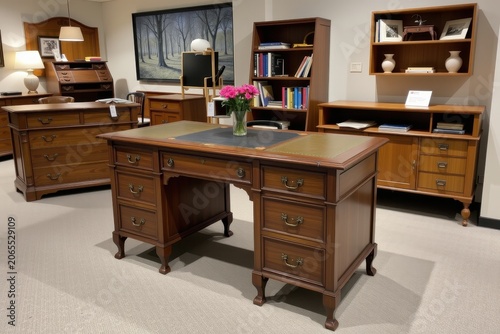 Richly detailed wooden desk and office suite in warm lighting
