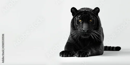 Fototapeta na wymiar Solitary sleek black tiger poised elegantly on a clean white background