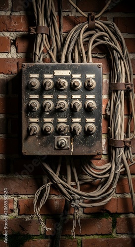 Vintage Electrical Switchboard with Exposed Wiring on Brick Wall.