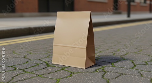 Brown Paper Bag Standing on Urban Pavement.