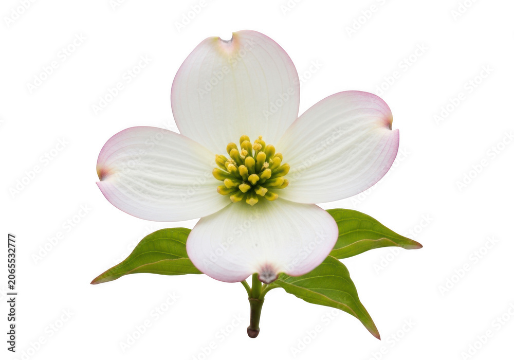 Obraz premium Beautiful white dogwood flower with yellow center and green leaves Vector