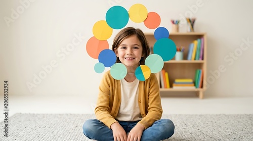 Smiling child surrounded by thought bubbles in a cozy room