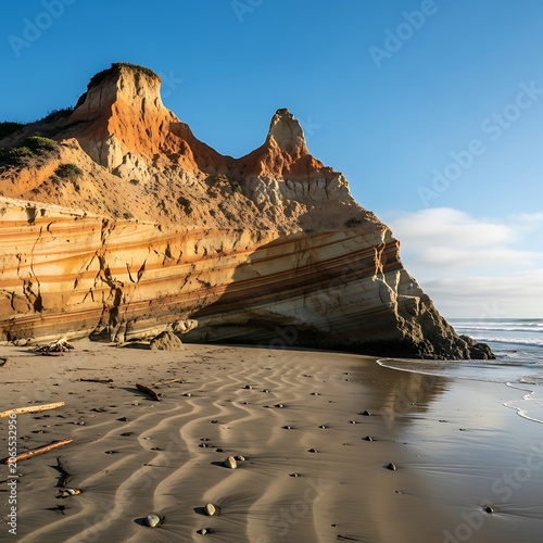Dramatic desert rock formation by serene water.