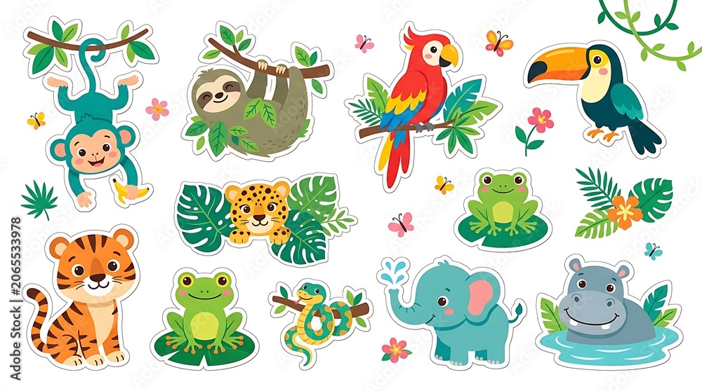 Fototapeta premium Cute collection of colorful cartoon jungle animals including a monkey sloth parrot toucan tiger frog elephant snake and happy hippo