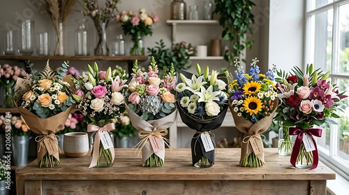 Elegant floral arrangements in stylish containers on display shelf