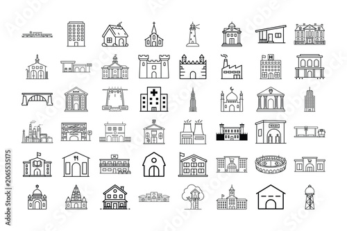 City Architecture Building Outline Icons Set for Urban Landmarks