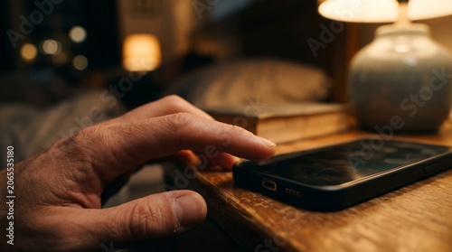 Hand reaching for smartphone on nightstand at night.