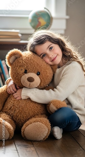 Young Girl Hugging Large Teddy Bear Indoors Near Window.