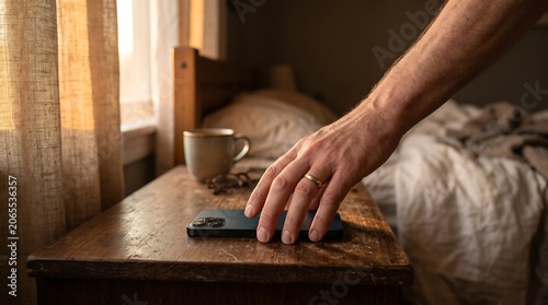 Person reaching for smartphone on bedside table in the morning light.