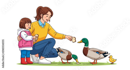 Tableau sur toile Woman and girl feeding ducks outdoors.