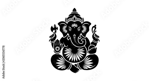 Black and white artistic illustration of Lord Ganesha in a decorative silhouette style.
