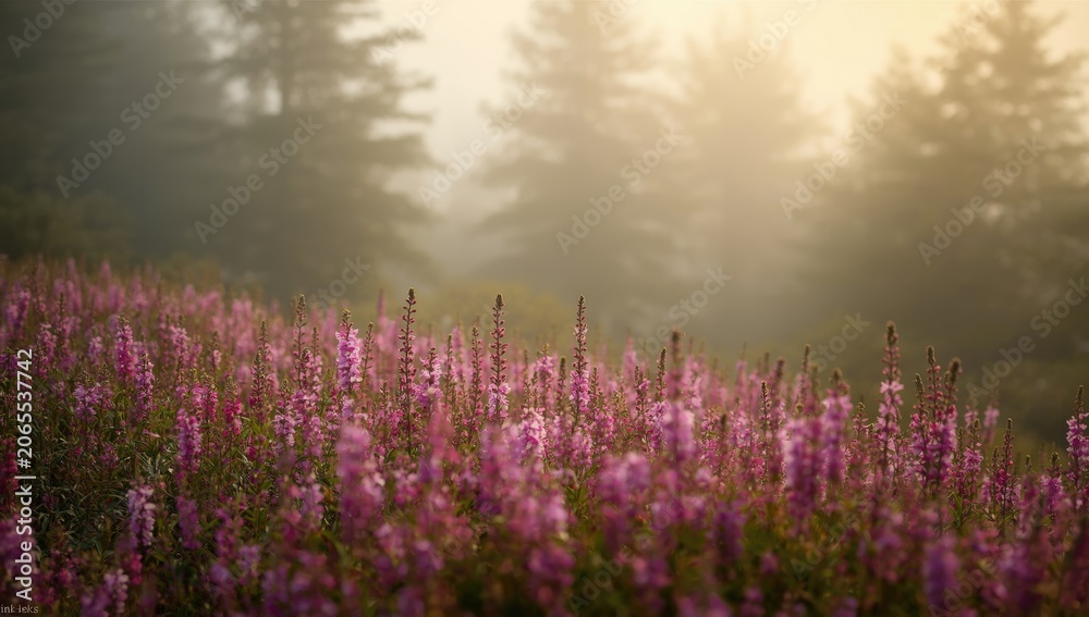 Naklejka premium Scenic forest background showcasing blooming Erica and heather flowers with ample copy space