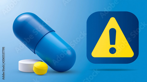 medicine pill capsule isolated next to danger warning triangle on red background for pharmaceutical drug caution health risk and safety concept