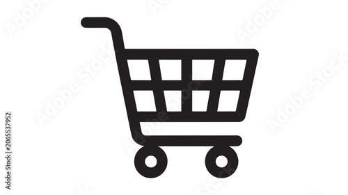 Shopping cart icon illustrates the concept of retail, consumerism, and e-commerce transactions in a clean, minimalist black graphic style.