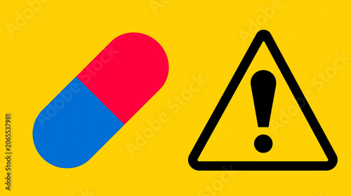 medicine pill capsule isolated next to danger warning triangle on red background for pharmaceutical drug caution health risk and safety concept