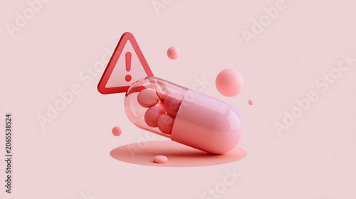 dangerous pharmaceutical pill capsule beside exclamation warning triangle sign on red background health and medicine alert concept