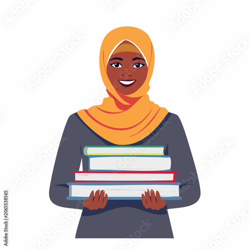 Smiling Muslim Woman in Hijab Holding Stack of Books