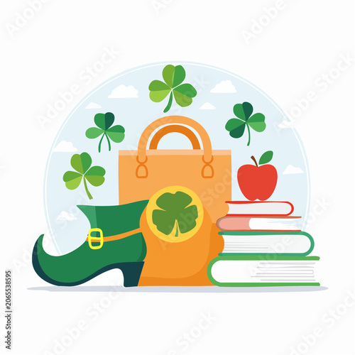 St. Patrick's Day Theme with Leprechaun Boot, Bag, Books, and Shamrocks