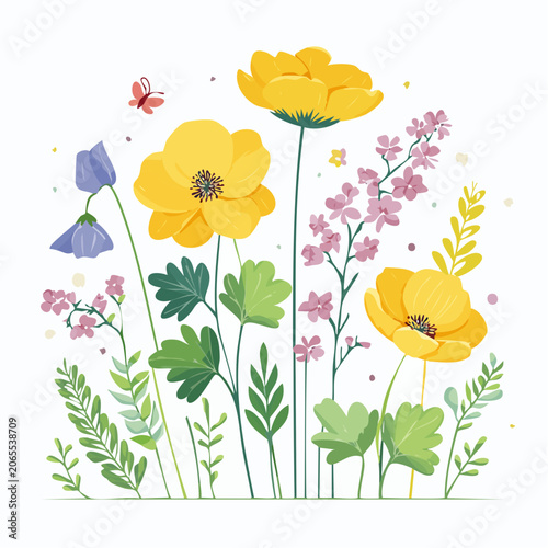 Vibrant Spring Meadow with Yellow Poppies and Delicate Flowers