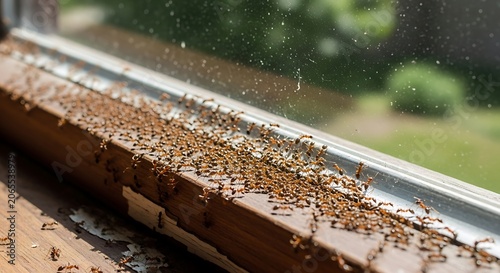 Cluster of Termites Swarming on Wooden Window Frame.