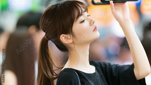 疲れた表情をして電車に乗る日本人女性