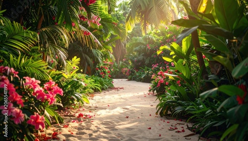 Sandy path winding through a lush tropical garden filled with vibrant flowers and lush green foliage under warm sunlight