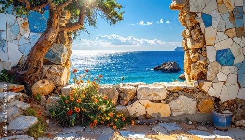 Secluded Mediterranean Coast with Ocean View Framed by Stone Walls and Wildflowers